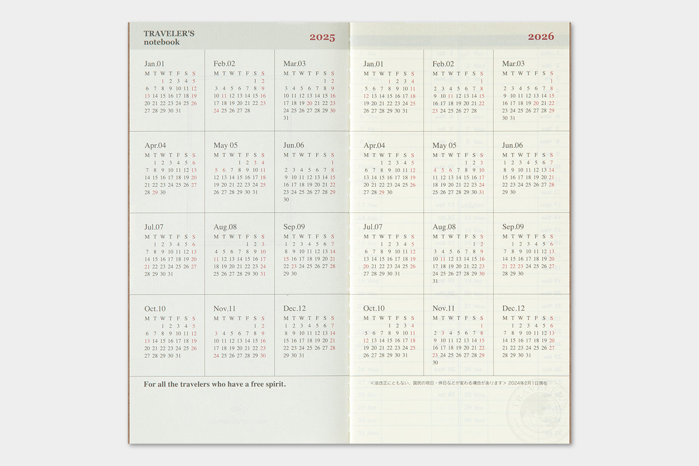 Traveler´s Company - Kalender 2025, Ugentlig + Memo 2. halvår