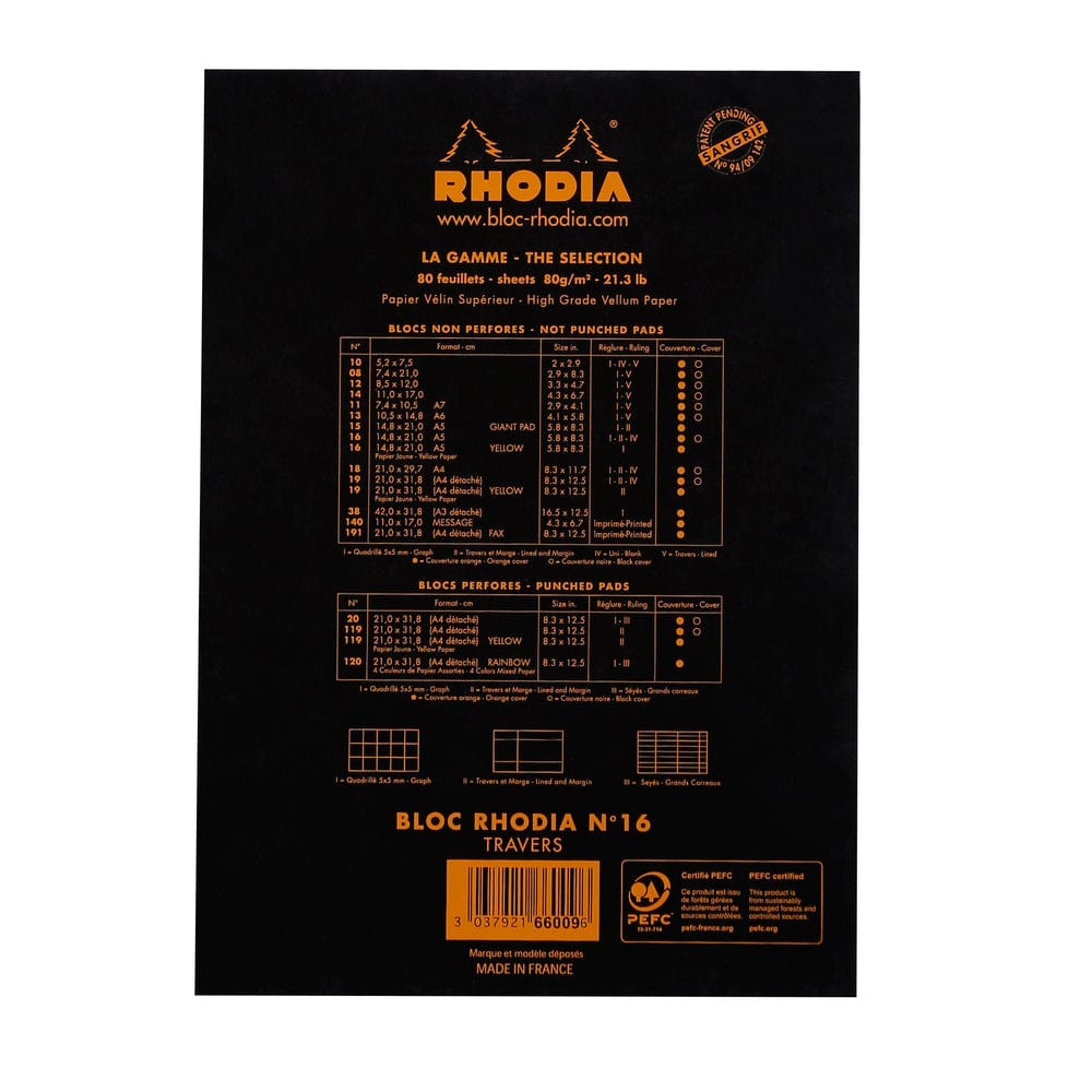 Stelling Rhodia BLACK head stapled pad N°16 - linjeret